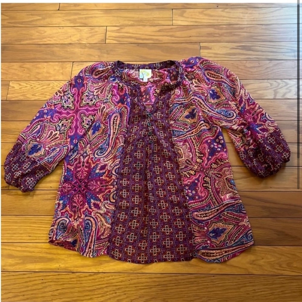 Fig & Flower Top Womens Small Pink Orange Multicolor Blouse